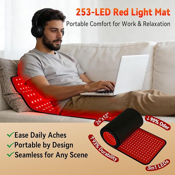 253 LEDs Red Light Therapy Mat for Full Body, 24" x 12" TPU Infrared Light Therapy, 3-in-1 LEDs (660nm & 850nm) Premium Foldable Mat with Timer Controller & Pulse Modes for Home Use, 48W