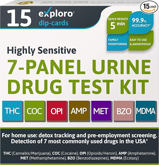 Exploro Home Drug Test Kit for all Drugs, 7-Panel Urine Drug Test for Marijuana, Cocaine, Opiates, Amphetamine, Methamphetamine, Benzos, Ecstasy, Drug testing kit DipCards for 7 Drug Test (Pack of 15)
