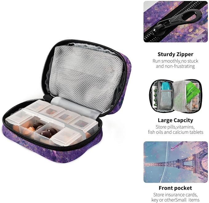 Lavender Eiffel Tower Purple Travel Pill Organizer Weekly Small (Cute) Pill Box 7 Day Pill Case Vitamin Holder Pill Bottle Organizer