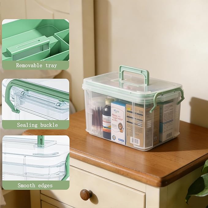 3-Piece Clear Medicine Organizer - Portable Multifunctional Medical Storage Box with Empty Pill Bags, Pill Cases, Removable Tray & Handle, Home & Travel Use