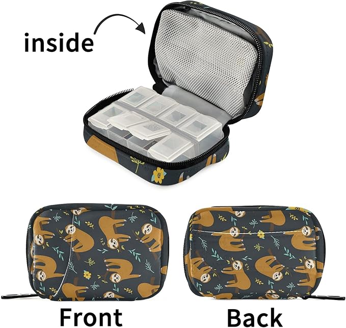 xigua Sloth Pill Case 7-Day Travel Pill Organizer Box with Zipper Closure for Vitamins, Medication and Supplements