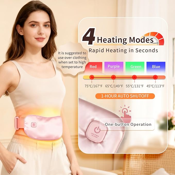 Pure Silk Heating Pad for Period Cramps Portable Cordless Washable 5000mAh Rechargeable Heat Pack for Menstrual, Stomach & Back Pain Relief, 4 Heat Modes with Auto Shut-Off Electric Pink