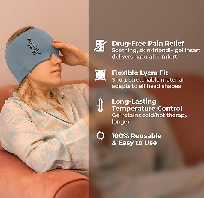 Migraine Relief Cap – Reusable Cooling Hat with Headache & Stress Relief | Soft, Stretchy Fit & Gentle Compression | Self-Care Essential Cold Gel Pack (Blue)