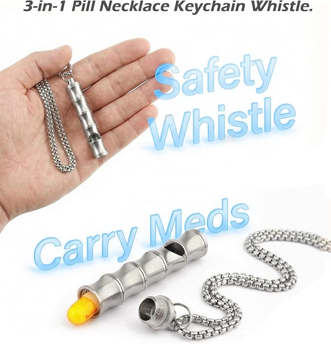 Titanium Pill Holder Necklace Whistle Mini Keychain Nitro Pill Case Loud Emergency Whistle for EDC Safety Backpacking Survival Hiking Camping Pets Training