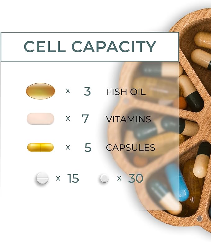Makety Cute Pill Organizer, 7 Day Vitamin Holder with Magnetic Lid, Floral Design, Solid Oak Wood