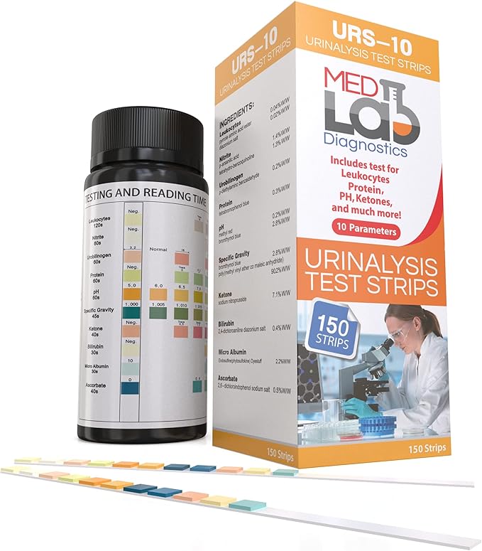 Med Lab Diagnostics 10 Parameter Urine Test Strips for Urinalysis(150 Cnt) in Sealed Pouches. Tests for Ketosis, pH, Protein, UTI, Kidney and Liver Function