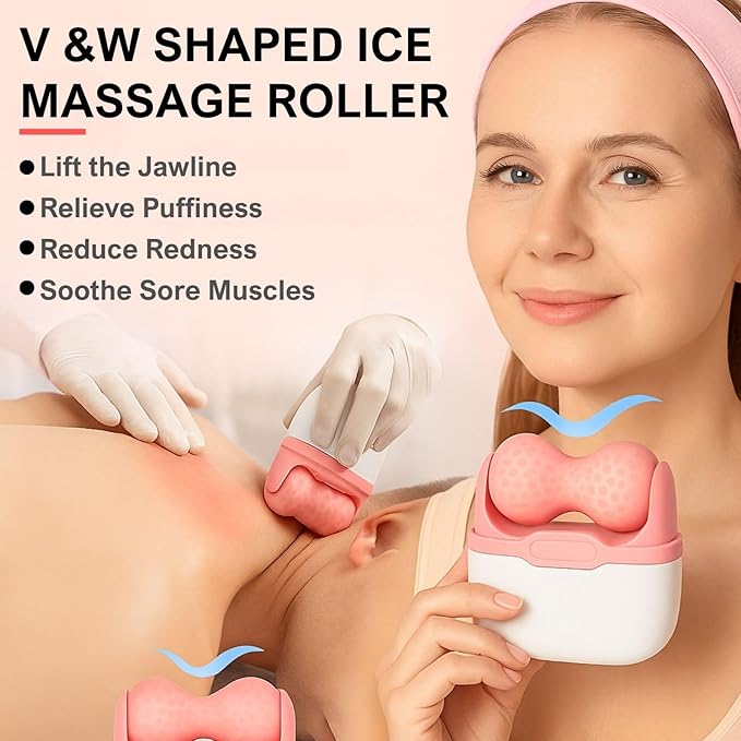 Ice Roller for Face Women 2 in 1 Face & Eye Cooling Massage Roller for Puffiness, Skin Tightening & Migraine Relief – Reusable, Portable Tool (Pink)