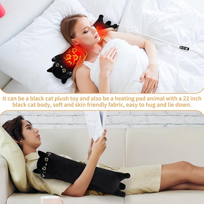 Cat Heating Pad-USB Heated Plush Stuffed Animals for Period Cramps and Menstrual Pain Relief,22” Portable Electric Kitten Heating Pads,Built-Pocket Plushies Women Girls Birthday Gift,Black