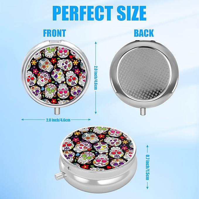 Pill Box, 3 Compartments Small Pill Case Travel Portable Metal Medicine Box with Mirror Mini Container for Purse Pocket Women Men(Sugar Skull)