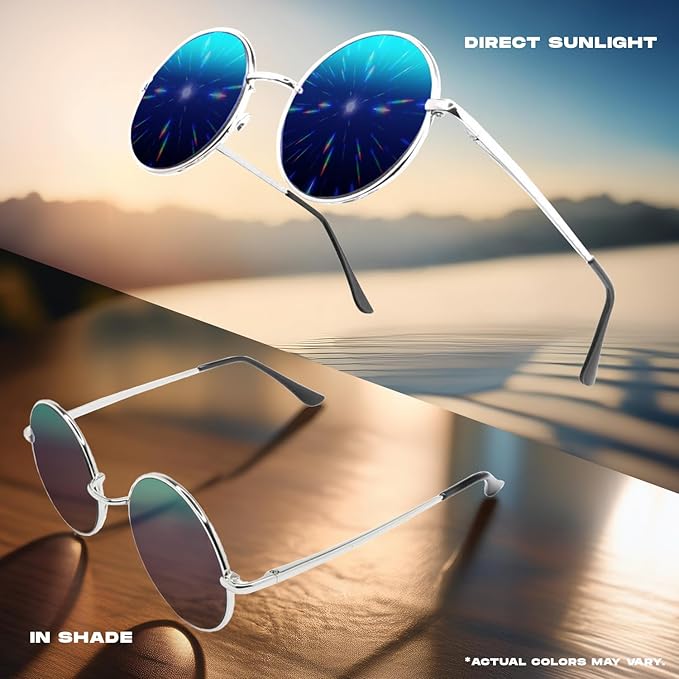 GloFX Diffraction Glasses | Hippie and Pilot Style Metal Frames with Mirror Lens and 3D Prism Rainbow Effect