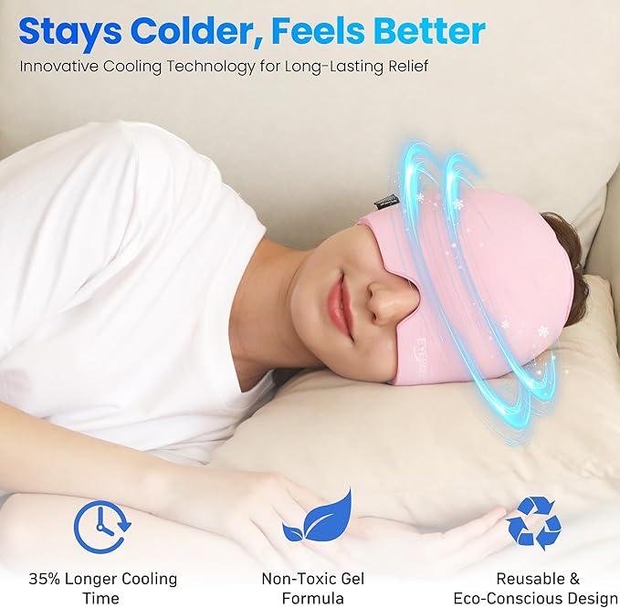 Migraine Relief Cap, Reusable Headache Relief Cap with Hot & Cold Therapy, Soothing Headache Hat, Odorless Gel Ice Head Wrap for Tension, Stress & Sinus, Headache & Puffy Eyes, Pink, 1Pc