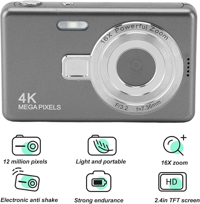 Digital Camera, 1080P Digital Camera for Kids, Support 64GB Expandable, Compact Point and Shoot Camera 16X Zoom Anti Shake Portable Camera Small Camera for Teens Boys