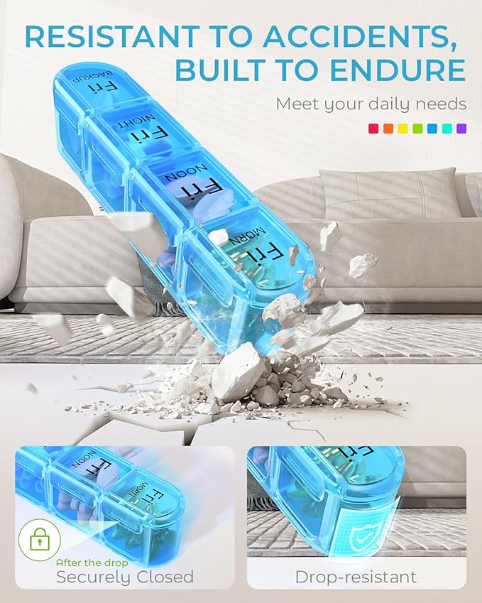 Odaro Weekly Pill Organizer 4 Times a Day, Daily Pill Box 7 Day, Large Travel Pill Case with 28 Compartment to Hold Medicine, Vitamin and Supplement - Blue Case