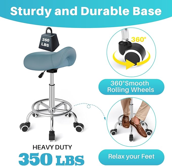 YEEZEE Saddle Stool Ergonomic- Comfortable Rolling Saddle Stool with Wide Thick Saddle Seat Padding, Swivel Adjustable Saddle Chair with Wheels and Ring Pedal for Medical Massage Salon (Blue)