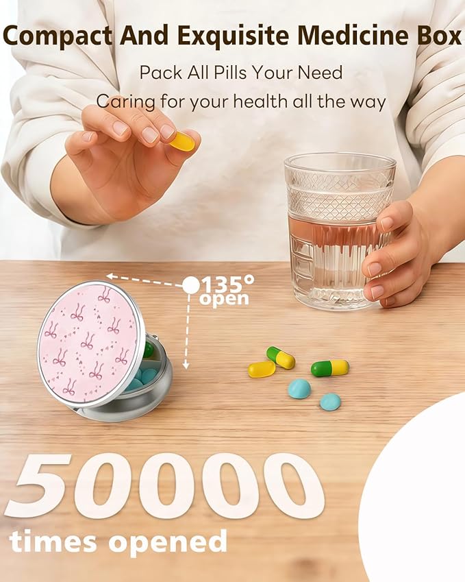LRITER Pill Case, Portable Travel Pill Box, Pillbox Organizer, Cute Small Medicine Storage Container, Purse Accessories for Women, Men (Ribbon Bow)
