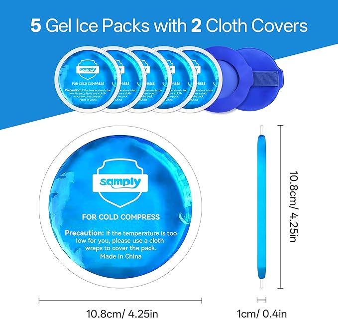 samply Small Gel Ice Packs for Boo Boos, Cold Packs for Injuries Reusable Pain Relief, Headaches and Toothaches,Eyes, Face, 5 Pack Mini Round Ice Packs with 2 Covers for Cold Compress