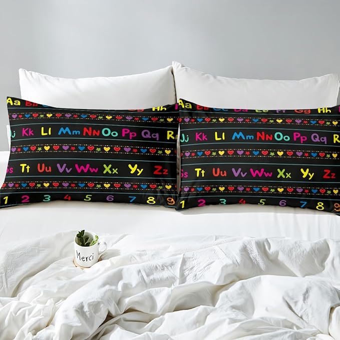 ABC Alphabet Bed Sheet Set Queen, Alphabet Numbers Fitted Sheet for Kids Educational Learning Bedding Set Learning Time Bed Cover with 2 Pillow Case (No Flat Sheet)