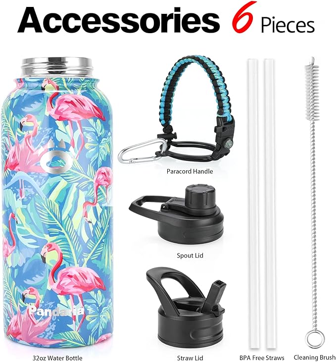 Insulated Water Bottle 32oz, Stainless Steel Water Bottle with Straw & Spout Lids & Paracord Handle | with Straw, Spout Lids, Paracord Handle