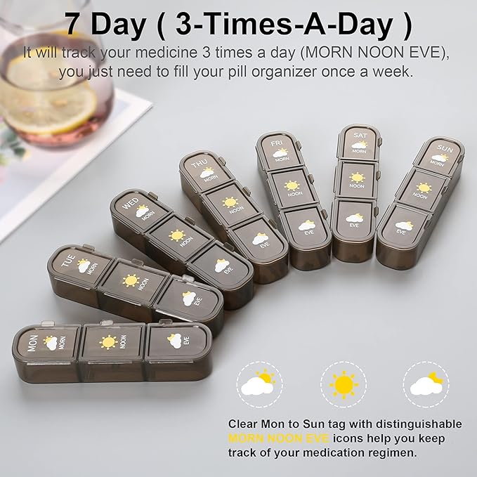 Pill Organizer 3 Times A Day, Pill Box 7 Day - Acedada Weekly Travel Medicine Organizer Box 3X A Day, Large Pill Container Holder Vitamins Case Pill Dispenser, Brown