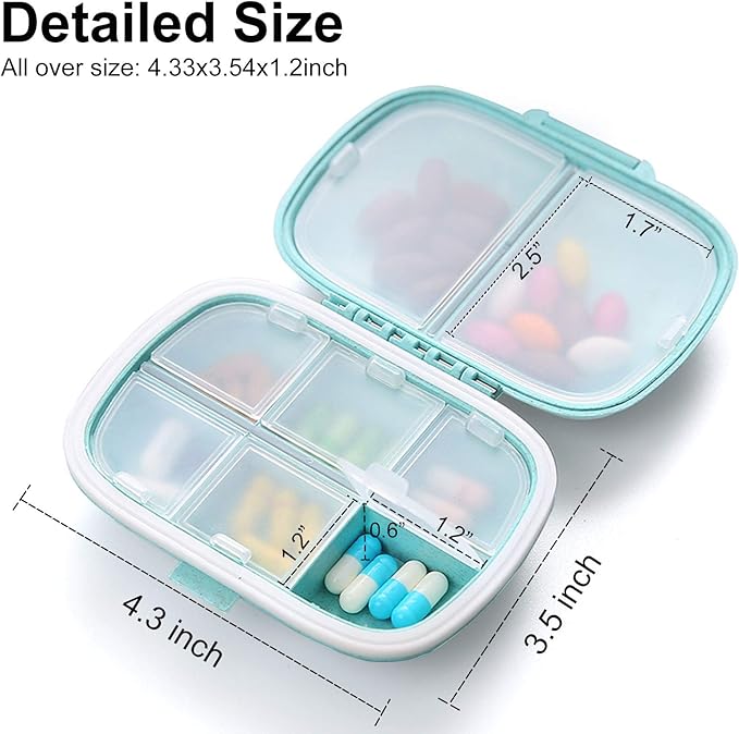 8 Compartments Travel Pill Organizer, Daily Pill Case Small Pill Box for Pocket Purse, Portable Pill Container Medicine Vitamin Organizer (Blue & Green)