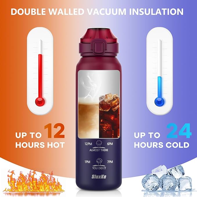 Insulated Water Bottle 17oz with 2Lids(Straw Lid & Spout Lid), 500ml Double Walled Water Bottle with Time Marker, Stainless Steel Metal Flask for Fitness, Gym and Outdoor RED BLACK