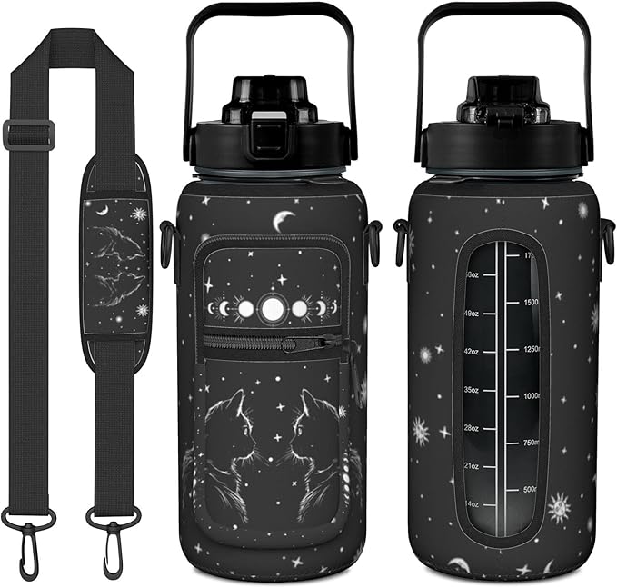 Goth Cat Half Gallon Water Bottle with Sleeve -Flip Top Bpa Free 64 OZ - Motivational Time Marker Leakproof Water Jug - Goth Gifts for Women - Halloween Gothic Cat for Gifts