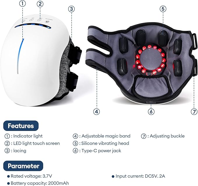 IeBilif Cordless Knee Massager with Heat, 5 Vibration Modes & 3 Heating Levels, 6 Silicone Massage Heads, Adjustable Double Straps, Portable Heated Knee Massager Gifts for Men, Women