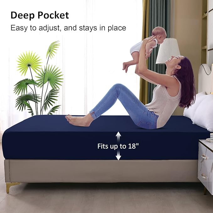 Waterproof Mattress Protector Queen, Fitted Sheet Style Breathable Mattress Cover with Deep Pocket Fits Up to 18'', Noiseless Bed Cover for Kids Adults Pets, Machine Washable (Navyblue, 60'' X 80'')