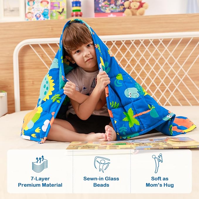 Sivio Weighted Blanket - All-Natural 100% Cotton Heavy Blanket 7 lbs 41 x 60 inches, Breathable Cooling Soft Cotton Throw Blanket for Calm Sleeping for Home and School Nap, Blue Dinosaur