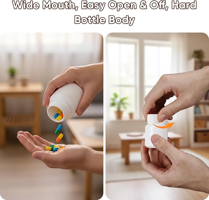 DEMORA Pill Bottle Empty with Screw Cap, Wide Mouth Travel Small Pill Bottle Plastic Medicine Containiers Medicine Organizers for Medications Capsules (1.7 oz, 10 Pcs)