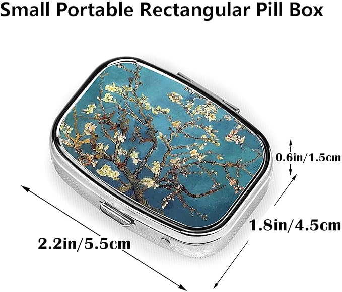 ABLESKY Pill Box, 2 Compartment Pill Organizer Case for Pocket or Purse, Small Portable Metal Travel Medicine Box with Mirror, Daily Vitamins Fish Oil Container-Almond Blossoms