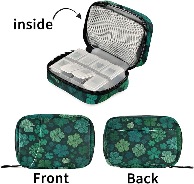 Green Vintage St Patrick's Day Clover Travel Pill Organizer Case Box Container Weekly Portable Vitamin Medicine Holder Storage Bag with Zipper Removable