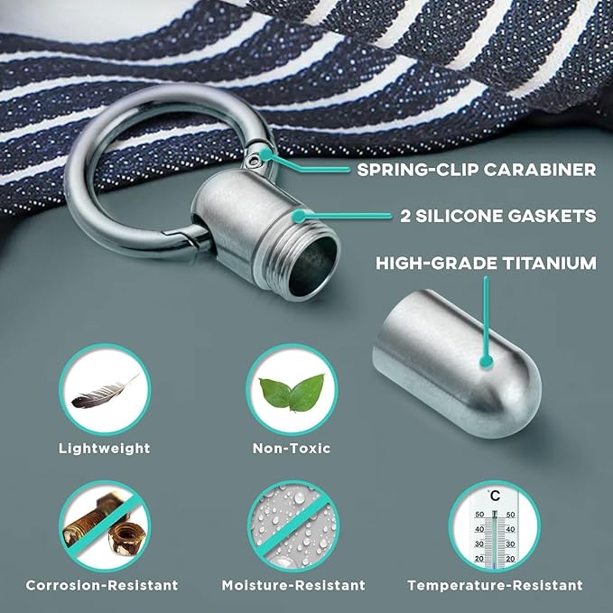 Titanium Keychain Pill Holder, Small Waterproof Pill Case Container w/Convenient Carabiner Clip, High-Grade Mini Metal Medicine Organizer, Airtight & Portable for Travel/Daily Medication by Boxsik