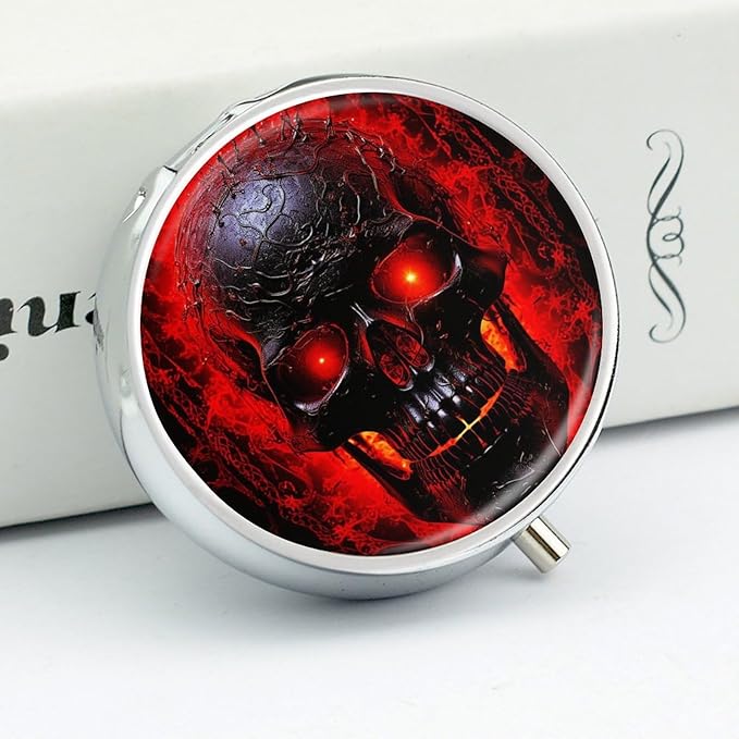 Pill Box Black and Red Skull Round Metal Pill Case with 3 Compartments Portable Mini Medicine Drug Holder Travel Medicine Tablet Vitamin Holder Organizer