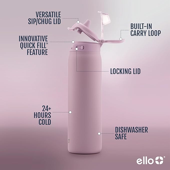 Ello Pop & Fill Insulated Stainless Steel Water Bottle with Quick Fill Lid, Leakproof Locking, Sip or Chug Spout, BPA-Free, Double Wall Vacuum Insulated for Sports, Travel & School- 22oz / 32oz / 40oz