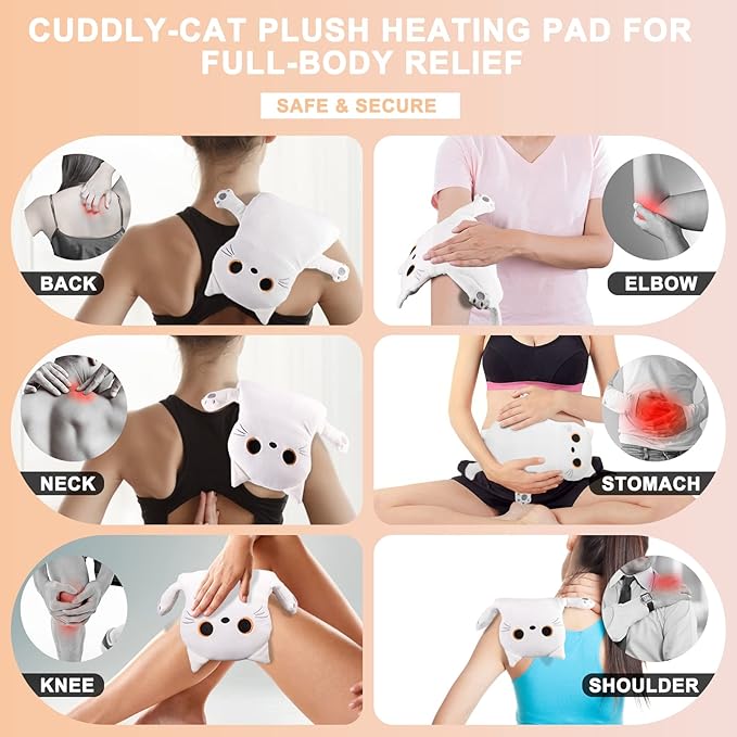 Microwave Heating Pad for Cramps Pain Relief, 16 * 12'' Moist Microwavable Period Menstrual Heating Pads for Cramps, Back, Neck Shoulder and Knee, Cute Stuffed Animal Heating Pad - White Cat