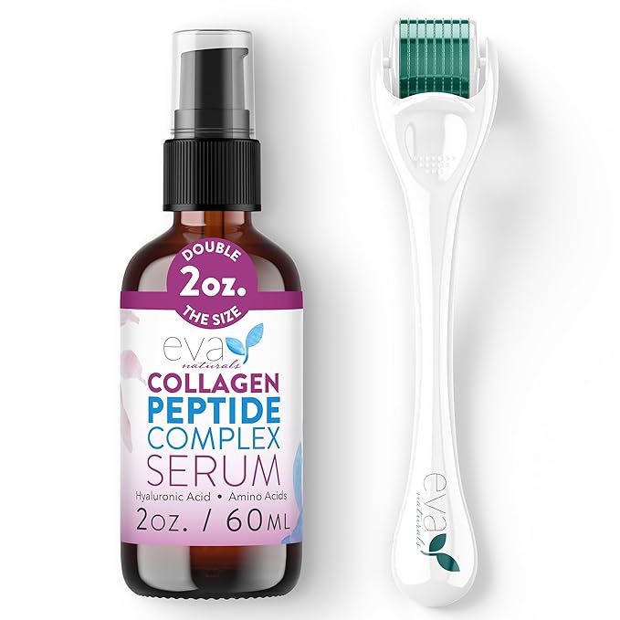 Eva Naturals Peptides Serum for Face + Derma Roller Kit - Anti Aging Microneedling Set for Wrinkles & Collagen Boost - 0.25mm Titanium Microneedle Roller for Face & Scalp Hair Growth