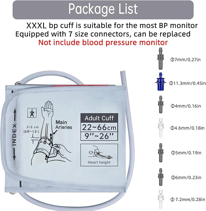XXXL Blood Pressure Cuff, 9”-26” (22-66CM) Extra Large Cuff Compatible with Omron BP Monitor, Replacement XXX-Large Cuff for Adult Big ARM, with 7 Connectors