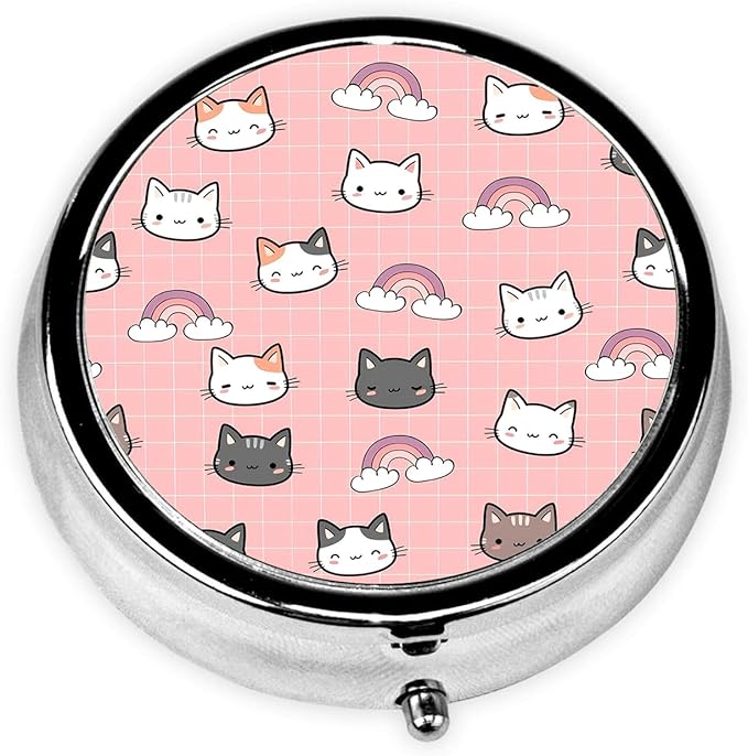 Cartoon Cat Pill Box 3 Compartment Small Pill Case,Portable for Pocket or Purse Pill Organizer Pill Container Holder with Mirror to Hold Vitamins, Medication, Fish Oil and Supplements