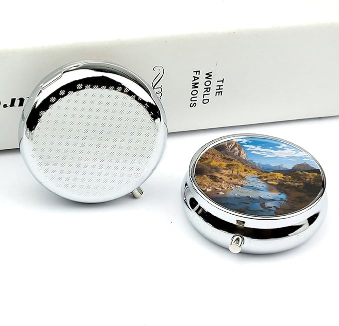 Zion National Park Pill Box Travel Pill Case for Purse Pocket Weekly Medicine Organizer with Mirror 3 Compartment Round Medicine Case Portable PillcaseHolder for Daily