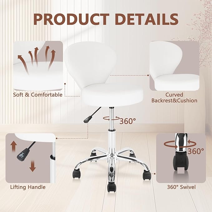 Leather Rolling Salon Stool with Back Support and Wheels Adjustable Height Swivel Spa Stools for Office Massage Facial Medical Drafting Tattoo Beauty Barber Lab Doctor Tattoo, White, 2 Pack
