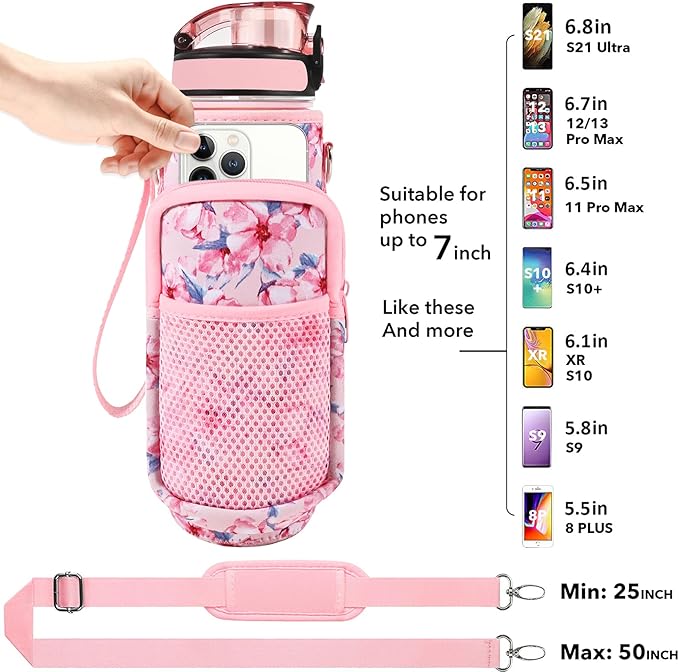 32 oz Water Bottles with Straw & Strap, Motivational Water Bottles with Times to Drink, BPA Free Reusable Sports Water Bottle with Sleeve Carrier for Hiking, Travel, Running or Fitness
