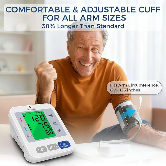 P PANACARE Blood Pressure Monitor, Upper Arm BP Machine for Home Use, 2×99 Memory, 3.4" Large Backlit Display, Adjustable Cuff (8–16 inches), Gray