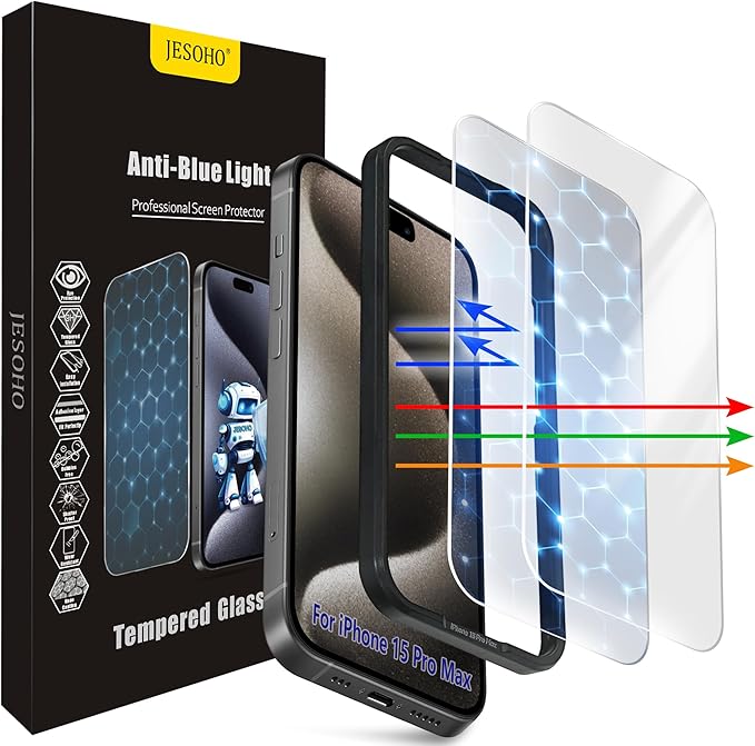Screen Protector for iPhone 15 Pro Max [6.7 Inch],2 pcs Colorless Anti-Blue Light Tempered Glass Films, HD Clear, 9H Hardness, No Bubbles, Case Friendly