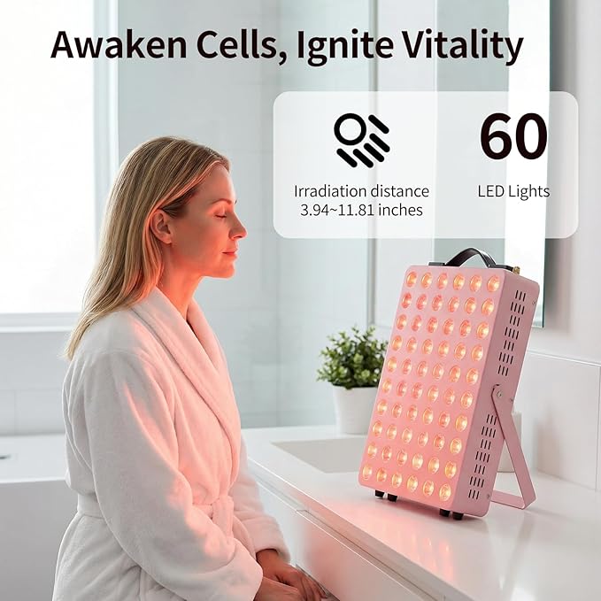 Red Light Therapy for Body, 660nm 850nm Near Infrared Light Therapy Panel with Stand and Handle, 60 Dual Chip LEDs, Ideal Xmas Gift, for Body, Face, Recovery, Sleep, Skin Health, Pink