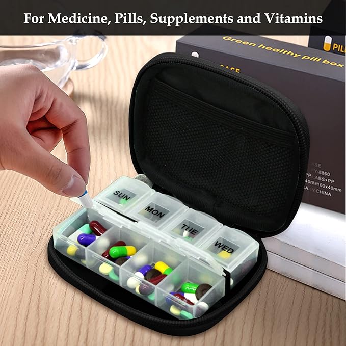 Serfeymi Weekly Travel Pill Organizer Pill Case for Purse with Removable 7 Day Pill Box, Fashionable Travel Medicine Organizer Pill Container for Medicine, Vitamin, Supplement - Black 02 + Pill Box