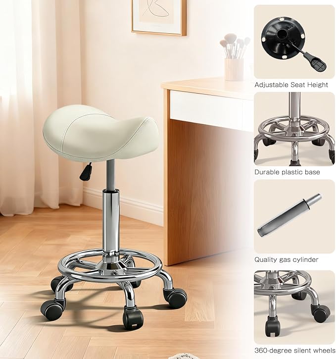 Saddle Stool with Wheels, Adjustable Rolling Stool Chair with Back Support, Ergonomic PU Leather Saddle Chair for Salon, Massage, Tattoo, Medical, Spa, Office (White, 1PCS)