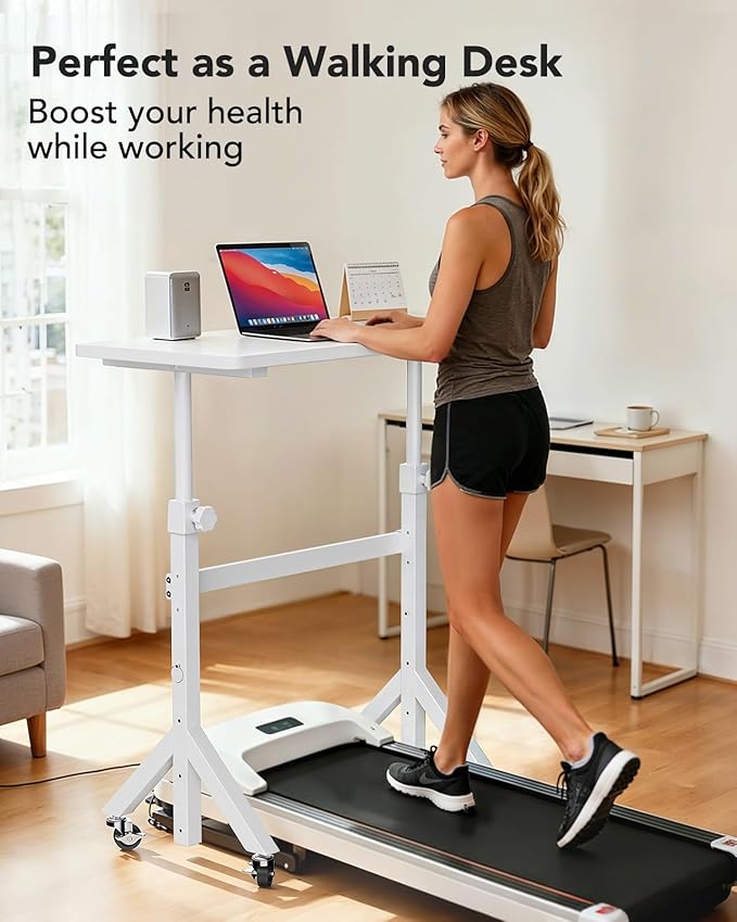 ErGear Small Standing Desk Adjustable Height, 6 Height Settings Up to 46.5″, Walking Pad Desk with Triangular Leg Design, Smooth Mobility with Lockable Wheels, Standing Desk for Walking Pad, White