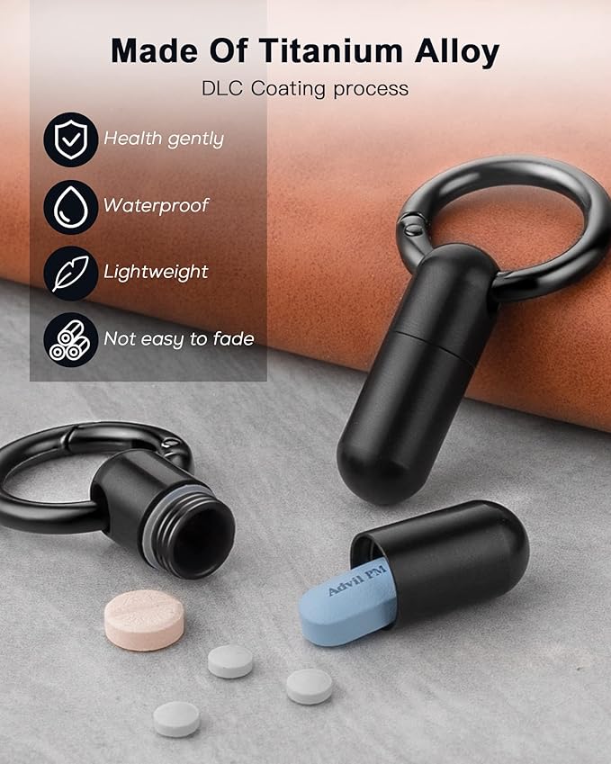 TISUR Tiny Keychain Pill Holder, Titanium Pill Case Waterproof Pill Fob for Travel Purse Pocket,Mini Pill Organizer Black