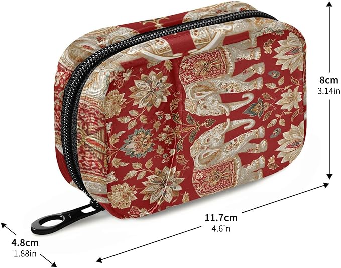 Red Retro Elephant Flowers Travel Pill Organizer Case Box Container Weekly Portable Vitamin Medicine Holder Storage Bag with Zipper Removable